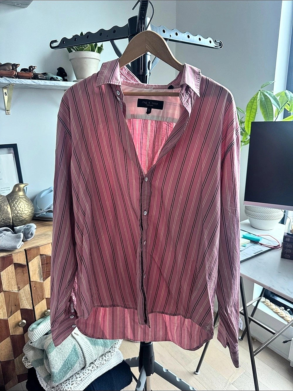 rag & bone Striped Button Down Shirt Pink & White XS